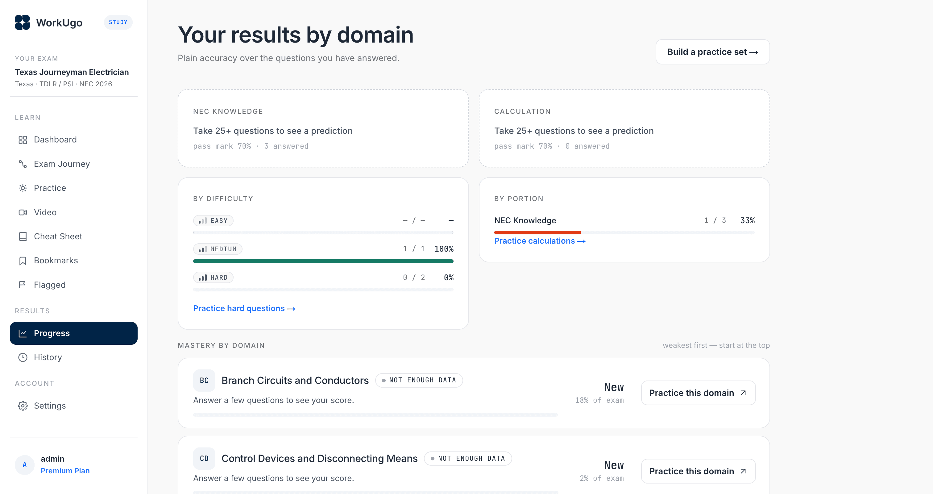Progress page: results by domain and pass likelihood per portion